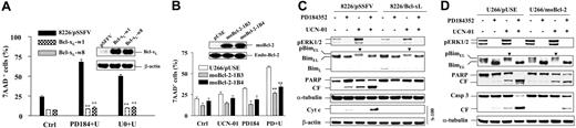 Figure 6. Ectopic expression of Bcl-xL or Bcl-2 blocks PD184352/UCN-01–induced apoptosis without affecting phosphorylation status of BimEL. (A) RPMI8226 cells were stably transfected with human wild-type Bcl-xL construct or its empty vector (pSSFV). The stable clones (1 for empty-vector control and 2 for Bcl-xL designated w1 and w8) were obtained by selection with G418, and expression of Bcl-xL was monitored by Western blot analysis (inset). 8226/Bcl-xL and 8226/pSFFV cells were exposed to 150 nM UCN-01 and 5 μM PD184352 or 20 μM U0126 for 24 hours, after which the percentage of dead cells (7-AAD+) was determined by 7-AAD staining and flow cytometry. (B) U266 cells were stably transfected with wild-type mouse Bcl-2 (moBcl-2) and its empty vector (pUSE). The stable clones (1 for pUSE and 2 for moBcl-2 designated 1B3 and 1B4) were obtained by selection with G814, and Western blot analysis was performed to monitor expression of either mouse Bcl-2 or endogenous Bcl-2 using antibodies against mouse and human Bcl-2 (inset), respectively. These cells were exposed to 100 nM UCN-01 plus or minus 5 μM PD184352 for 40 hours, and the percentage of dead cells (7-AAD+) was determined by flow cytometry. Results represent the means (± SD) for 3 separate experiments performed in triplicate. **Significantly lower than the value for empty-vector controls with the same treatment (P < .001). (C,D) 8226/Bcl-xL (clone w1), U266/Bcl-2 (clone 1B4), and their empty-vector control cells were treated as described for panels A and B, after which WB was performed to assess expression of phospho-ERK1/2, Bim, cleavage of caspase-3, and PARP degradation. Phosphorylated forms of BimEL are manifested by slowly migrating species (arrows). CF indicates cleavage fragments. Alternatively, for 8226/Bcl-xL and 8226/pSFFV cells in Figure 6C, cytosolic S-100 fractions were prepared and subjected to WB to monitor cytochrome c expression as described in “Materials and methods.” Each lane was loaded with 20 μg protein, and blots were stripped and reprobed with antiactin or antitubulin antibodies to ensure equal loading and transfer. Two additional studies yielded equivalent results.