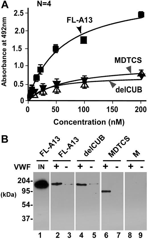 Figure 5. Binding of ADAMTS13 (or variants) to VWF immobilized on solid surfaces. (A) Binding of ADAMTS13 and variants to VWF immobilized on a microtiter plate. FL-A13, delCUB, and MDTCS (0 to 200 nM) were incubated without (control) or with VWF (10 μg/mL, 100 μL per well) immobilized on a microtiter plate for 1 hour. The bound ADAMTS13 and variants were determined by mouse anti-V5 IgG, followed by rabbit antimouse IgG, peroxidase-conjugated and OPD-H2O2. The KD (S) was determined by fitting the data into nonlinear regression. (B) Binding of ADAMTS13 and variants to immobilized VWF on Affi-gel 10. FL-A13, delCUB, MDTCS, and metalloprotease domain (M) (about 50 nM) were incubated at 37°C for 1 hour without (−) or with (+) VWF covalently immobilized onto the Affi-gel 10. After extensive washing with TBS and 20 mM Tris-HCl, pH 7.5, 500 nM NaCl, the bound ADAMTS13 and variants were eluted from the beads with SDS-gel sample buffer and determined by Western blot with anti-V5. The amount of input FL-A13, delCUB, and MDTCS is the same with the signal of only FL-A13 shown in lane 1 (IN).