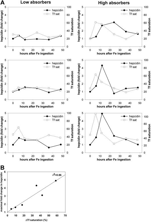 Figure 1. Hepcidin response to dietary iron is proportional to the increase in transferrin (Tf) saturation. Six subjects ingested 65 mg of iron (as ferrous sulfate) and their urinary hepcidin concentrations and Tf saturation were assayed at 0, 5, 10, 24, 36, and 48 hours after ingestion. (A) Each graph depicts the response of a single subject. Urinary hepcidin, expressed as the fold change in comparison to 0-hour levels, is shown as the solid line; percentage Tf saturation is shown as the dashed line. According to the increase in transferrin saturation, which reflects the rate of iron absorption, the subjects were grouped into “low absorbers” and “high absorbers.” (B) Correlation between the increase in urinary hepcidin and the increase in transferrin saturation after iron ingestion. The solid line represents linear regression between the maximal hepcidin increase (expressed as fold change in comparison to 0-h levels) and the maximal transferrin saturation increase (expressed as difference in comparison to 0-h levels, ΔTf saturation; r2 = 0.86, P = .007).