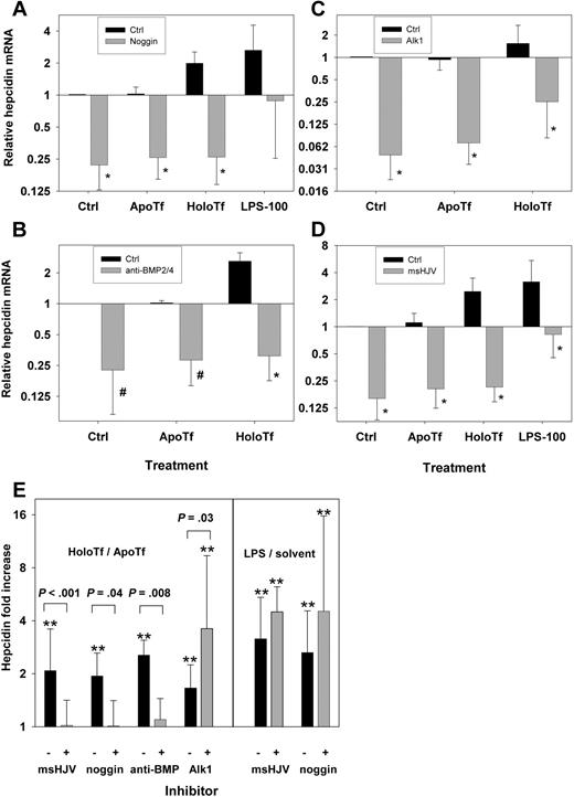 Figure 5. Effects of noggin, anti-BMP2/4 antibody, ALK1/Fc, and msHJV on hepcidin expression and response to holotransferrin treatment. Primary mouse hepatocytes from wild-type C57BL/6J mice were treated with a combination of (A) 1 μg/mL noggin plus 30 μM apoTf/holoTf or 100 EU/mL LPS (n = 5 mice); (B) 20 μg/mL anti-BMP2/4 antibody plus 30 μM apoTf/holoTf (n = 5 mice); (C) 500 ng/mL ALK1/Fc plus 30 μM apoTf/holoTf (n = 7 mice); (D) 30 μg/mL msHJV plus 30 μM apoTf/holoTf or 100 EU/mL LPS (n = 5 mice). (E) Comparison of the effects of msHJV, noggin, anti-BMP2/4 antibody, and ALK1/Fc on the induction of hepcidin by holotransferrin versus apotransferrin (left panel) and LPS versus solvent control (right panel). Statistics are as follows: *P ≤ .005; #P < .03, paired t test, comparing (A) noggin treatment with control, (B) anti-BMP2/4 antibody treatment with control, (C) ALK1/Fc treatment with control, (D) msHJV treatment with control; **P < .005, 1-way RM ANOVA, comparing apotransferrin, holotransferrin, and LPS treatments to respective solvent controls (E). Means and standard deviations are shown.