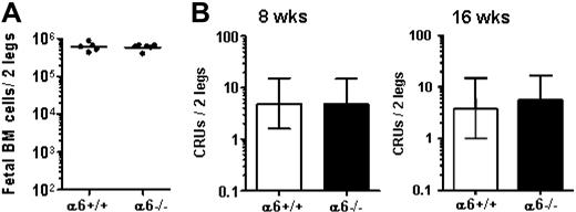 Figure 6. Normal FBM hematopoiesis in absence of integrin α6. E18.5 FBM from integrin α6 gene–deleted mice (α6−/−) and wild-type littermates (α6+/+) was analyzed for total cell number (A) total cell number (horizontal bars show mean values), and (B) competitive repopulating units (CRUs). CRUs were assayed by transplanting 2 to 4.4 × 104 FBM cells together with 2 × 105 adult BM cells into lethally irradiated adult mice. Three of 13 and 3 of 12 mice that received integrin α6−/− FBM cells, and 3 of 14 and 2 of 12 mice that received wild-type FBM cells, were reconstituted with FBM cells at 8 weeks and 16 weeks, respectively. The CRU numbers/2 legs (femur and tibia) are shown as mean (± 95% confidence interval).