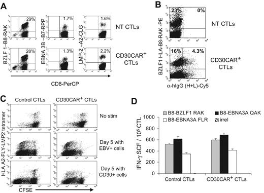 Figure 4. EBV-CTLs redirected with CD30CAR retain their polyclonal EBV specificity. (A)The frequencies of tetramers recognizing lytic (BZLF1-RAK) or latent (EBNA3C-RPP and LMP2-CLG) EBV-associated antigens in control and transgenic EBV-CTLs generated from 3 different donors are shown. The bottom panels show that the same frequency of EBV-specific tetramers is maintained after transduction with CD30CAR. (B) The CD30CAR is also detectable on tetramer+ CTLs. (C) CFSE-labeled control (left panels) and CD30CAR+ CTLs (right panels) nonstimulated (top panels), stimulated with EBV+ (middle panels), or stimulated with CD30+ cells (bottom panels) are shown. After LCL stimulation (middle panels), both control and CD30CAR+ EBV-tetramer+ CTLs proliferate, as shown by decrease of CFSE+ cells. After stimulation with CD30+ cells (bottom panels), only CAR+ CTLs proliferate. (D) The frequency (mean ±SD) of T cells responding to EBV-specific peptides in control and CD30CAR+ EBV-CTLs from a representative donor, assessed by IFN-γ Elispot assay, is shown. Tetramer and Elispot analyses are representative of a total of 5 donors.