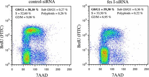 Figure 5. Absence of FES slows down transition from G1 to S phase. P815 cells transfected with either control or fes siRNAs were stained with anti-BrdU-FITC antibody and 7-AAD. The percentage of cells in G0/G1, S, or G2/M phases were quantified using FlowJo software. The values are from 1 of 3 independent experiments that gave similar results.