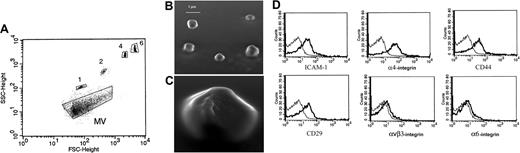 Figure 1. Characterization of EPC-derived MVs. (A) Representative FACS analysis of MVs (dark) and of 1-, 2-, 4-, and 6-μm beads used as internal size standards. (B,C) Representative micrographs of scanning electron microscopy of EPC-derived MV showing a spheroid shape. Images were obtained by secondary electron at a working distance of 15 to 25 mm and an accelerating voltage of 20 and 30 kV (original magnification B, ×1500; C, ×3500). Digital acquisition and analysis were performed using the JEOL Semafore system. (D) Representative FACS analysis of MVs showing expression (thick lines) of ICAM-1, α4 integrin, CD44, CD29, αvβ3 integrin, and α6 integrin. Thin lines indicate the isotypic controls. Five MV preparations were analyzed with similar results. In each experiment the Kolmogorov-Smirnov statistical analysis between relevant antibodies and the isotypic control was significant (P < .001).