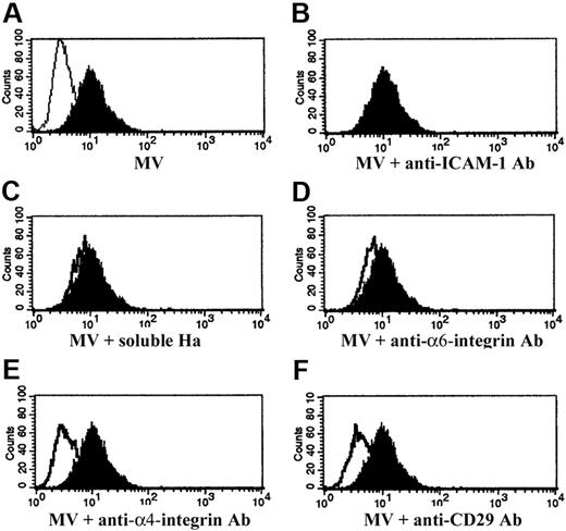 Figure 2. Incorporation of EPC-derived MVs in HMECs. (A) Representative FACS analysis of internalization, after a 30-minute incubation at 37°C, by HMECs of MVs labeled with PKH26 (filled curve). HMECs were incubated with vehicle alone as internal control (open curve). (B-F) Representative FACS analysis of internalization of MVs preincubated (open curves) or not (filled curves) with 1 μg/mL blocking mAb against ICAM-1 (B), with 5 μg/mL soluble Ha (C), 1 μg/mL blocking mAb against α6 integrin (D), α4 integrin (E), CD29 (F). Filled curves indicate the MVs internalized in the absence of blocking Abs or Ha; open curves indicate the MVs internalized after incubation with blocking Abs or soluble Ha. Three experiments were performed with similar results.