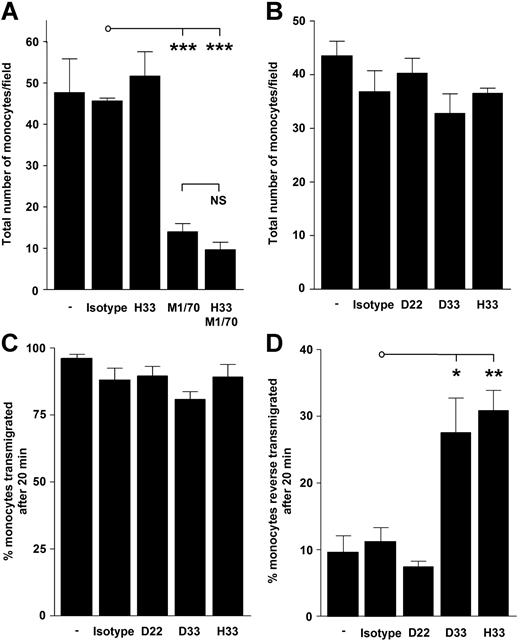 Figure 4. Capture and transmigration of human monocytes on activated HUVECs unaffected by a blocking antibody to JAM-C. (A) A 5-minute bolus of monocytes was flowed over activated HUVECs at a shear stress of 0.05 Pa. Adherent monocytes were then counted and expressed as a mean of triplicate cell counts (± SEM). Decreased monocyte capture was observed with Mac-1–blocking antibody (M1/70; ***P < .005), but not with a blocking antibody to JAM-C. NS indicates not significant. (B) A separate flow assay conducted with a different donor confirmed monocyte capture was unaffected by mAbs to JAM-C. Data represents mean number of cells counted per unit field (± SEM). (C) Adherent monocytes were then cocultured for a further 15 minutes, and the number of monocytes that exhibited migration in the luminal-to-abluminal direction over 20 minutes was recorded and expressed as a mean percentage of total adherent monocytes that remained in field (± SEM). (D) There was increased reverse transmigration with functional blocking mAbs to JAM-C under flow. Cocultured adherent monocytes that underwent primary transmigration that exhibited migration in the abluminal-to-luminal direction over 20 minutes were also recorded. Data presented are the mean percentage of total adherent monocytes per field (± SEM). Increased reverse transmigration was observed for mAbs D33 (*P < .05) and H33 (**P < .01). Percentage of transmigration and reverse transmigration for monocytes treated with M1/70 was not included because of the low number of monocytes captured. Transmigration and reverse-transmigration profiles for flow assays treated under control conditions and with the mAb H33 in panel A were representative of panels B-D (data not shown).
