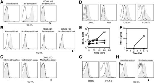 Figure 1. Antigen recognition induces the mobilization of preformed CD40L in effector CD4+ T cells. (A) In vitro–generated effector CD4+ T cells from CD40L-sufficient and -deficient (CD40L KO) TCR transgenic mice were stimulated or left unstimulated with PMA plus ionomycin for 2 hours. Levels of CD40L (shaded) and isotype control (line) staining on gated effector CD4+ T cells after surface staining at 4°C are shown. (B) In vitro–generated effector CD4+ T cells from CD40L-sufficient and CD40L KO TCR transgenic mice were fixed, permeabilized or left unpermeabilized, and stained for intracellular CD40L at 4°C without acute stimulation. Levels of CD40L (shaded) and isotype control (line) staining on gated effector CD4+ T cells are shown. (C) The surface mobilization assay was conducted as described in “Materials and methods, Surface mobilization assay” by addition of anti-CD40L mAb at 37°C for 30 minutes (middle and right panels), and was compared with the surface staining at 4°C following 30 minutes of stimulation (left panel). CD40L KO effector CD4+ T cells were used as a specificity control for the mobilization assay. Shaded histogram indicates levels of CD40L with stimulation. –––– indicates levels of CD40L without stimulation. –––– indicates levels of isotype control with stimulation. -------- indicates levels of isotype control without stimulation. (D) The surface mobilization assay was conducted for CD40L, FasL, CTLA-4, and CD107a. Histograms are assigned as in panel C. (E) The kinetics of surface mobilization of CD40L were assessed by the mobilization assay. ■ indicates CHX-pretreated and PMA plus ionomycin-stimulated; □, CHX-untreated and PMA plus ionomycin-stimulated; ●, CHX-pretreated and unstimulated; and ○, CHX-untreated and unstimulated. Raw geometric mean fluorescent intensity of CD40L staining are shown. (F) IFN-γ levels in the supernatants from CHX-pretreated (■) or -untreated (□) effector CD4+ T cells cultured in the presence of PMA plus ionomycin for the indicated periods of time were measured by ELISA. (G) The mobilization of CD40L and CTLA-4 on in vitro effector CD4+ T cells was induced with antigen-pulsed CH12 B cells for 30 minutes. Histograms are assigned as in panels C and D. (H) Day-14, in vivo–primed TCR transgenic effector CD4+ T cells were analyzed for intracellular CD40L without stimulation and surface mobilization of CD40L upon PMA plus ionomycin stimulation as described in panels B and C. The levels of CD40L staining gated on CD4+, Vα11+, and Vβ3+ T cells are shown. See the descriptions in panels B and C for the histogram assignment. Experiments were repeated at least 5 times with similar results.