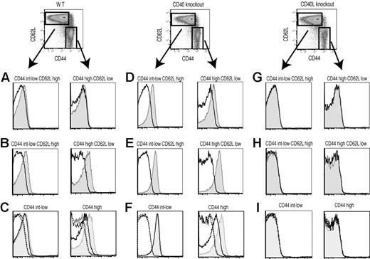 Figure 4. Effector/memory but not naive CD4+ T cells from unmanipulated animals mobilize preformed CD40L. CD40L expression in naive and effector/memory CD4+ T cells from unmanipulated normal (A-C), CD40-deficient (D-F), and CD40L-deficient (G-I) animals was analyzed by conventional surface staining (A,D,G), intracellular staining (B,E,H), and the surface mobilization assay (C,F,I). (A,B,D, E,G,H) The levels of CD40L (shaded) and isotype control (line) staining for the indicated population of CD4+ T cells are shown. (C,F,I) Shaded indicates CD40L with stimulation. –– indicates CD40L without stimulation. –– indicates isotype control with stimulation. ------ indicates isotype control without stimulation. Data shown are representative of 4 independent experiments.