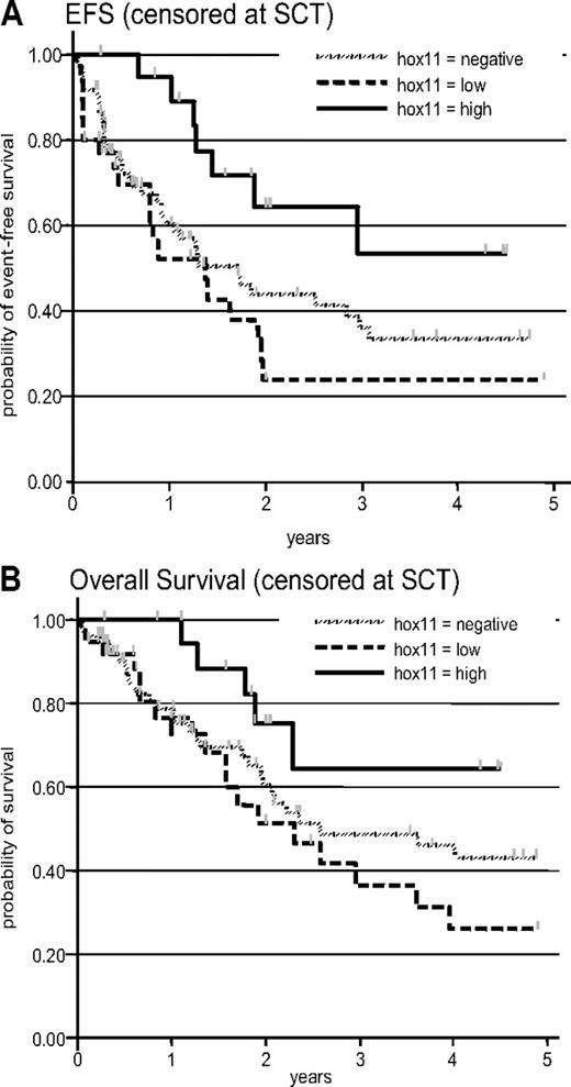 Figure 5. Prognostic analysis. (A) Event-free survival, censored at the stem-cell transplantation time (P = .04 by log-rank test); after adjustment for trial and age, the P value for the TLX1-high versus TLX1-low/-neg comparison was .035. (B) Overall survival, censored at stem-cell transplantation time (P = .08 by log-rank test); after adjustment for trial and age, the P value for the TLX1-high versus TLX1-low/-neg comparison was .059.