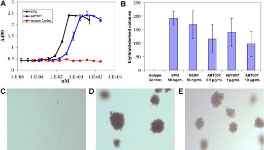 Figure 1. ABT007 stimulates in vitro erythropoiesis. (A) ABT007 stimulates the proliferation of EPO-responsive F36E human erythroleukemic cells.8 Error bars represent standard deviation (SD) calculated from the average of duplicate counts. (B) ABT007 supports the formation of erythroid colonies from hematopoietic precursor cells. Error bars represent standard deviation (SD) calculated from the average of duplicate counts. Typical colonies, identified microscopically, are shown below for (C) the isotype control–, (D) EPO-, and (E) ABT007-treated cells. The colonies were red in color.