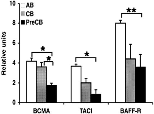 Figure 4. Gene expression of TNF family BAFF receptors, BCMA, TACI, and BAFF-R, is decreased in preterm neonatal cord blood–derived B cells compared with adult B cells. Real-time quantitative RT-PCR was performed on RNA obtained from freshly isolated naive B cells. The amount of mRNA for each gene of interest was normalized relative to β-actin mRNA, and the graphs were generated with the relative values obtained after normalization. Data are shown as mean (± SEM) of 10 independent experiments using 10 independent adult (AB), cord (CB), or preterm cord (PreCB) blood samples with each assay performed in triplicate. Statistically significant differences are shown. *P < .001; **P ≤ .005.