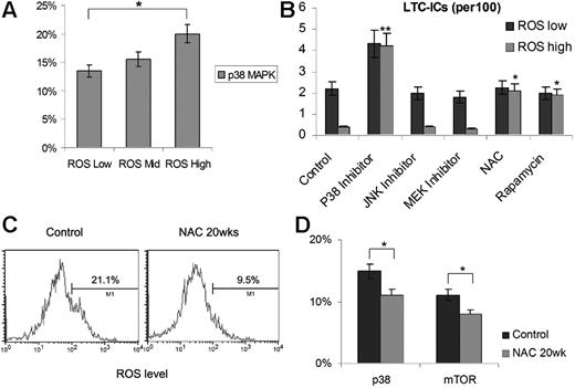 Figure 4. Mechanisms of HSC activation and exhaustion. (A) Phosphorylated p38 MAPK activity; (B) LTC-IC activity with 100 μM NAC, 10 μM p38 inhibitor, 10 μM JNK inhibitor, 10 μM MEK inhibitor, and 1 μM rapamycin; ROS level (C); and phosphorylated p38 and mTOR levels (D) of viable Lin−CD45+ marrow cells after in vivo antioxidant treatment. Values represent the means plus or minus SEM. *P < .05; **P < .01.