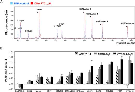 Figure 2. CYP3A4 and MDR1 copy number analysis by multiplex-PCR analysis (MPA). Ten DNA fragments with sizes ranging from 150 to 501 bp were amplified by PCR using genomic DNA and specific primers: 4 fragments corresponded to CYP3A4 (7q21), 1 to MDR1 (7q21), and 5 to additional fragments used as controls (C-) and located in different chromosomes. (A) The chromatogram of a DNA sample corresponding to PTCL-21 (red) was normalized and compared with a control DNA sample (blue). Fragments showing gains are marked with an asterisk. (B) MPA data were obtained for 11 T-cell lines, the chromatograms for each cell line were normalized with a control DNA sample, and the mean peak fluorescence area was calculated. The values represent the ratio between the T-cell line peak area divided by the control peak area after subtracting 1 plus or minus SD (ie, no gains result in a ratio of 1 and subtraction of 1 will result in a value of 0). Error bars represent SD of 3 independent experiments.