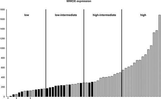 Figure 6. Expression of WWOX in cases with LOH of 16q and translocations involving WWOX. Cases are ordered according to WWOX expression. Cases with LOH at 16q23 (■) and those with retention of herozygosity at 16q23 (▒) are shown. Cases with translocation involving WWOX (▨) and “t” below the bar are shown. The cases are divided into 4 quartiles based on WWOX expression.