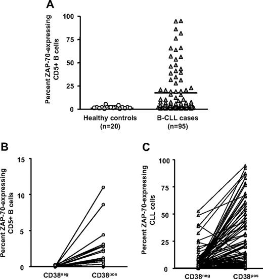 Figure 5. ZAP-70 expression in CD38+ and CD38− cells. PBMCs from 20 elderly healthy donors and 95 patients with CLL were incubated with mAbs to CD5, CD38, CD19, ZAP-70, or appropriate isotype control mAbs. CD19+CD5+ cells exhibiting a ZAP-70 staining in excess of the isotype control mAbs were considered ZAP-70+. (A) Significant differences in percentage of CD5+CD19+ cells expressing ZAP-70 (P < .001; Mann-Whitney test). These data were further analyzed to determine differences in expression of ZAP-70 between the CD38− and CD38+ populations in healthy controls. Horizontal line indicates average of values in corresponding group. (B) and in patients with CLL (C). Significant differences exist between ZAP-70 expression within CD38− and CD38+ subsets from healthy donors and patients with CLL (P < .001; Kruskal-Wallis test).