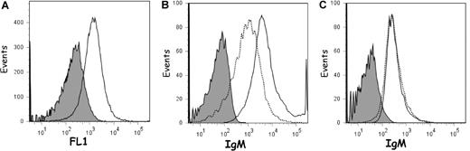 Figure 7. IgM binding to red cells treated with exogenous PLA2. (A) Rat red cells were prelabeled with the bodipy FL11 PC probe (1 h at 4°C) by ethanol injection17 before overnight incubation with PLA2 at 4°C. Red cells were then analyzed by flow cytometry to assess probe hydrolysis and fluorescence (FL1) intensity increase. After cell treatment with PLA2, IgM was provided in the form of rat plasma (B) or carbonate wash (C), and IgM association to the red blood cells was monitored. Tinted patterns indicate untreated cells; –, cells treated with 65 U of PLA2; and —, cells treated with 130 U of PLA2.