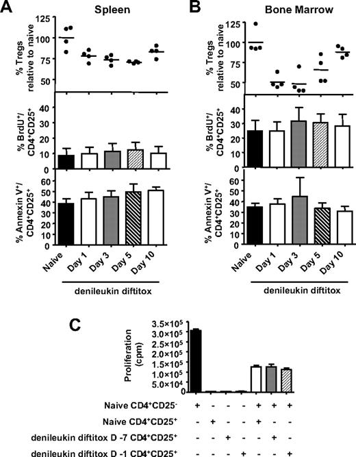Figure 4. Effect of denileukin diftitox on proliferation, apoptosis, and functionality of Treg cells. (A,B) A single intraperitoneal injection of 0.75 μg denileukin diftitox was administered to C57BL/6 mice. Flow cytometry analysis was performed on tissues on days 1, 3, 5, and 10 after injection. Animals were fed BrdU water for 5 days before being killed. At time of being killed, spleen (A) and bone marrow (B) cells from individual mice were stained for CD4+CD25+Foxp3+ Treg cells (individual values and means represented as percentage relative to naive mice, top), CD4+CD25+BrdU+ cells (mean values ± SD, middle), and CD4+CD25+AnnexinV+ cells (mean values ± SD, bottom). (C) Splenic CD4+CD25+ cells were isolated from naive mice, as well as from mice that were treated with 0.75 μg denileukin diftitox on day −7 or day −1 before being killed on day 0. Purified CD4+CD25− effector T cells (5 × 104) from naive mice were then cultured in the presence or absence of the various isolated Treg cells (CD4+CD25+) at a 1:1 ratio (with 105 irradiated naive T-cell–depleted splenocytes as APCs) on an anti–CD3-coated 96-well plate. Mean proliferation (± SD) was measured by 3H-thymidine incorporation of triplicate wells.