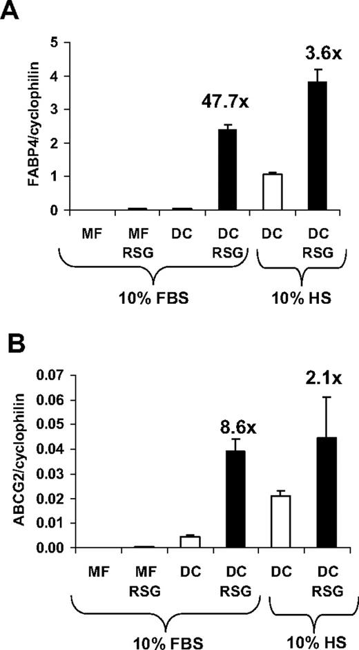 Figure 1. Induction of PPARγ target genes under different cell culture conditions. Transcript levels of FABP4 (A) and ABCG2 (B) were determined by qRT-PCR. RNA was obtained from monocyte-derived macrophages (MF) or monocyte-derived DCs in the presence or absence of 2.5 μM rosiglitazone (RSG). Cells were cultured in human AB serum (HS)– or fetal bovine serum (FBS)–containing cell culture medium as indicated. Error bars indicate the standard diviation (SD) of the relative expression.