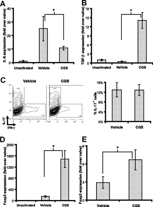 Figure 6. A2AR engagement during inflammation inhibits IL-6 and promotes Foxp3 expression in vivo. (A,B) Primary T cells from 5C.C7 mice were cultured with PCC plus or minus 1 μM CGS for 1 day. Total RNA was harvested and assayed for abundance of IL-6 (A) and TGF-β (B) transcripts by real-time PCR. Data are representative of 3 independent experiments. (C) Splenocytes from 5C.C7 TCR-transgenic Rag2−/− mice were cultured with antigen (PCC) plus or minus 1 μM CGS for 3 days under Th17-driving conditions (containing TGF-β, IL-6, anti-IFN-γ, and anti-IL-4). The cells were then activated with PMA and ionomycin and assayed for IL-17 by intracellular cytokine staining. Representative FACs plots are shown (left) and bar graph of composite data (right). Data are representative of 3 independent experiments. (D) Primary T cells from 5C.C7 mice were cultured with PCC plus or minus 1 μM CGS for 1 day. Total RNA was harvested and assayed for abundance of Foxp3 transcripts by real-time PCR. Data are representative of 3 independent experiments. (E) 6.5+ donor T cells were harvested 3 days after transfer into C3HA hosts treated with vehicle or CGS. Total RNA was harvested and assayed for abundance of Foxp3 by real-time PCR. Data are representative of 2 independent experiments, 3 mice per group. All PCR samples were done in triplicate and evaluated for significance (*P < .05).