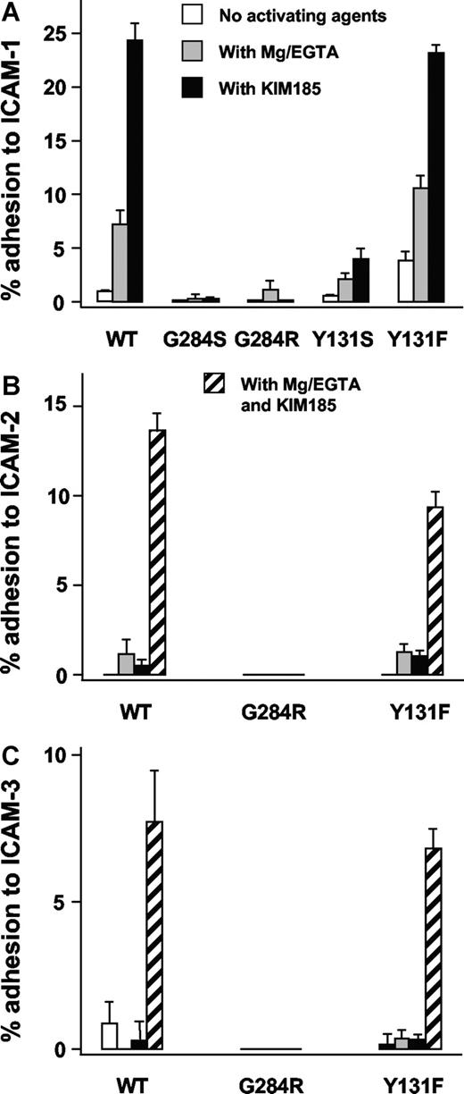 Figure 5. Adhesion of LFA-1 transfectants. Adhesion of LFA-1 (CD11a/CD18) transfectants to ICAM-1 (A), ICAM-2 (B), and ICAM-3 (C). Adhesion was done in the absence of activating agents, in the presence of 1.5 mM EGTA and 5 mM MgCl2 (Mg/EGTA), or with the activating monoclonal antibody KIM185 (2.5 μg/mL) or with both Mg/EGTA and KIM185 (for ICAM-2 and ICAM-3 only). CD18-independent adhesion (background) was determined by inhibition with monoclonal antibody 1B4 (10 μg/mL) and has been subtracted.