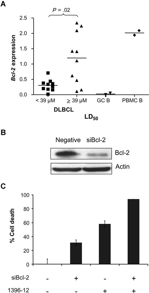 Figure 4. Sensitivity to the XIAP antagonist in relation to expression of Bcl-2. (A) Bcl-2 expression was detected in all the DLBCL samples tested using RT-MLPA analysis. Patient samples were divided into 2 groups: samples with an LD50 less than 39 μM or LD50 of 39 μM or greater. Horizontal lines represent the mean Bcl-2 expression level for each group. (B) Expression of Bcl-2 after transfection with siControl or siBcl-2 RNA in SUDHL4 cells. Shown are the results after 72 hours of transfection. (C) Percentage cell death after 4 hours of incubation with 10 μM XIAP antagonist in SUDHL4-transfected cells with siControl or siBcl-2 RNA. Error bars represent SD of the mean value of 3 experiments.