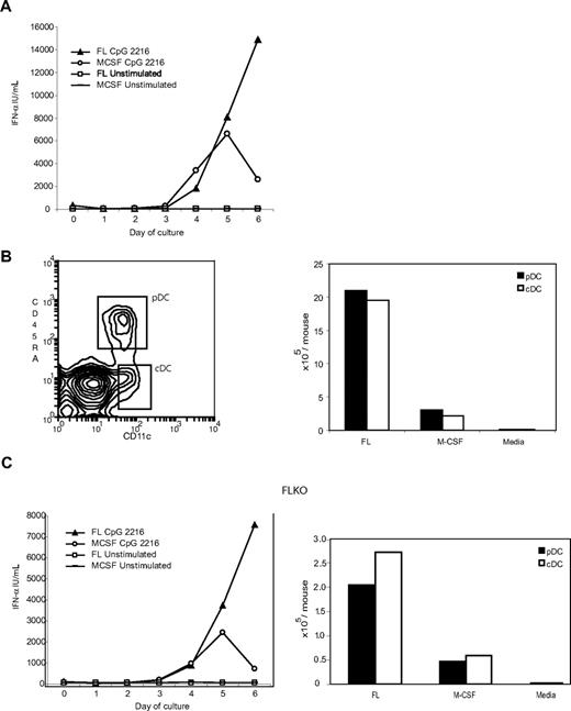 Figure 1. M-CSF drives pDC and cDC development from BM cells, even in the absence of FL. (A) Replicate wells of C57BL/6 BM cells depleted of B220+ and CD11c+ cells were incubated for 6 days with M-CSF (20 ng/mL) added at day 0 and again at day 3 or with FL (35 ng/mL) added at day 0 only. On each of days 0 to 6, separate wells were stimulated overnight with CpG-2216 or left unstimulated, and the supernatants were assayed for IFN-α. (B) C57BL/6 BM cells depleted of B220+ and CD11c+ cells were incubated for 6 days with M-CSF (20 ng/mL) added at day 0 and again at day 3. On day 6, the cells were harvested and stained with antibodies to detect CD11c and CD45RA expression. Cells with the phenotype of pDC and cDC populations are shown boxed in the left panel. The number of cells in each of the pDCs and cDCs populations are shown in the right panel and compared with numbers obtained from day 6 FL-generated DC or media only also using BM cells depleted of B220+ and CD11c+ cells. (C) BM cells from mice lacking FL were similarly depleted of B220+ and CD11c+ cells and incubated in replicate wells for 0 to 6 days with FL, of M-CSF (with additional feeding at day 3). On each of days 0 to 6, separate wells were stimulated overnight with CpG-2216 or left unstimulated and the supernatants were assayed for IFN-α (left panel). The pDC and cDC populations present at day 6 in the FLKO cultures are shown in right panel. Data shown are from one experiment representative of 3 similar experiments for the multiple timepoints in panel A: one experiment that was carried out for the multiple timepoints and 3 additional experiments for day 6 and 0 timepoints in panel C left: one experiment representative of 3 experiments of day 6 FL cultures and more than 5 experiments of day 6 M-CSF cultures (B), and one experiment that is representative of 4 experiments (C right panel). In media-only control cultures (B,C right panels), no M-DC were detectable.