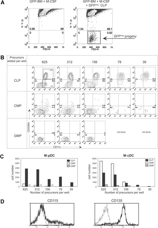 Figure 6. CLP are major producers of M-pDCs and CMP produce mainly M-cDCs. Within control M-CSF cultures containing only UBC-GFP BM cells, all cells expressed high levels of GFP and fluoresced strongly in the FITC (GFP) channel (A left panel). The progeny of C57BL/6 progenitors spiked into UBC-GFP BM cultures were gated as FITC/GFPneg cells (A right panel). Serial dilutions of CLP, CMP, or GMP (625 to 39 cell equivalents are shown) were added to 1.0 × 106 UBC-GFP BM cells in 1 mL, and M-CSF cultures were carried out for 6 days. GFPnegPIneg cells were gated and stained with CD45RA and CD11c. The resulting M-DC plots are shown in panel B, and the gates used to determine M-pDCs and M-cDCs are shown in the top left contour. The absolute number of M-pDCs and M-cDCs obtained in the cultures of panel B are shown in panel C. Data shown are from one experiment. Similar results were obtained in a second experiment. (D) The expression of CD115 (M-CSFR) and CD135 (Flt3) on CLP is shown. Gray histogram represents CLP stained with a PE-conjugated isotype control. Staining was carried out in 2 individual experiments (CD115) with similar results, and one of these experiments also included the CD135 staining.