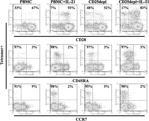 Figure 4. IL-21–treated cultures enrich for a population of CD28hi Ag-specific memory CTLs. Cells were collected 7 days after second stimulation with MART-1 peptide–pulsed autologous DCs and stained for MART-1 tetramer and simultaneously with CD28, CCR7, or CD45RA under the conditions described: PBMCs (untreated control culture), PBMCs + IL-21 (addition of IL-21 at 30 ng/mL during the first stimulation), CD25depl (CD25-depleted PBMCs used as a source of T cells), and CD25depl + IL-21 (combined CD25 depletion and IL-21 treatment). These results are representative of cultures from 3 donors.