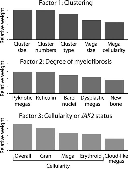 Figure 4. Exploratory factor analysis identified 3 underlying processes contributing to the morphologic patterns of ET. Shown for each factor are the 5 variables that contribute most heavily to each factor, with the y-axis representing their relative weight (contribution to the factor score). Factor 1 emphasises morphologic features that describe megakaryocyte clusters. Factor 2 captures the process of marrow fibrosis, weighting reticulin, new bone formation, and pyknotic megakaryocytes. Factor 3, in picking out the cellularity criteria, correlates significantly with JAK2 V617F status (P < .001).