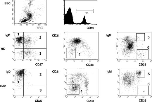Figure 2. Flow cytometric analysis of B-cell subpopulations. PBMCs are analyzed by flow cytometry. After gating on lymphocytes according to forward (FSC)/side scatter (SSC), B cells are characterized by CD19 staining. By staining for CD27 and IgD, naive IgD+IgM+CD27− B cells (1), IgD+IgM+CD27+ marginal zone B cells (2), and IgD−IgM−CD27+ switched memory B cells (3) can be distinguished. The staining for CD21 and CD38 expression allows the additional distinction of CD38lowCD21low B cells, (4) CD38++IgMhigh transitional B cells (5), and CD38+++IgM− plasmablasts (6). Examples of one healthy donor (HD) and one CVID patient (CVID) are demonstrated.