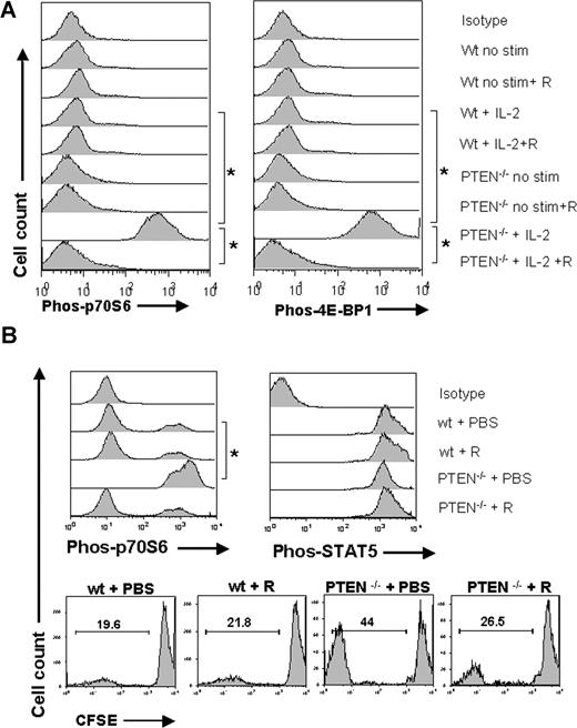 Figure 7. PTEN deficiency reversed low mTOR pathway usage and renders Tregs sensitive to RAPA. (A) Treg cells were isolated after 48 hours of culture. Where indicated, IL-2 (100 IU/mL) and/or RAPA (10 ng/mL) was present in the culture. The amount of phosphorylated p70S6 and 4E-BP1 was quantified by phospho-flow analysis within wt or PTEN−/− Tregs. The amount of phosphorylated protein as measured in MFI was significantly higher for phospho-p70S6 (left panel) phospho-4E-BP1 (right panel) in PTEN−/− compared with wt Treg cells (* P < .01). Addition of RAPA (10 ng/mL) to the culture reduced the amount of phospho-p70S6 and phospho-4E-BP1 in PTEN−/− Treg cells. (B) BALB/c mice were given 5 × 106 TCD-BM together with 5 × 105 wt or PTEN−/− Treg (C57BL/6) after lethal irradiation with 800 cGy and were injected with PBS or RAPA (1.5 mg/kg) daily. The amount of phospho-p70S6, phospho-STAT5 in wt, or PTEN−/− donor type Treg cells (H-2kb) is displayed (*P < .01). Percentage of dividing donor type (H-2kb) CFSE labeled Tregs was higher in PTEN−/− donors compared with wt donors (44% vs 19.6%, P < .05). Increased expansion of PTEN−/− Tregs was antagonized when the recipients were treated with RAPA (44% vs 26.5%, P < .05).