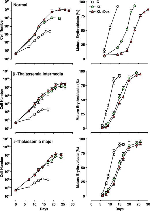 Figure 2. Effect of KL with and without Dex on erythroid cell growth and maturation. Left panels: growth curve from minibulk HPC erythroid cultures obtained from 10 healthy adults, 10 β-TI, and 10 β-TM PB patients supplemented or not with KL (100 ng/mL) or KL (100 ng/mL) plus Dex (10−8 M). Total cell number (mean ± SEM) starting from initial 5×104 CD34+ cells/mL is shown. The differences between the normal and β-TI or β-TM control growth curves are highly significant by analysis of variance (P < .001). Right panels: kinetics of erythroid maturation observed in the same minibulk HPC cultures reported in left panels. The percentage (mean ± SEM values) of mature erythroblasts (late polychromatophilic + orthochromatic erythroblasts) is shown.