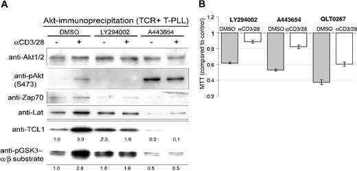 Figure 4. Inhibitors of AKT signaling alter AKT-TCL1 complex formation and T-PLL growth in culture. (A) AKT complexes were isolated from primary T-PLL lysates by immunoprecipitation using an immobilized anti-AKT antibody, and showed increased phosphoactivated (pS473) AKT and TCL1 as well as increased amounts of ZAP70 and LAT following 30 minutes of TCR engagement. Increased AKT kinase activity following TCR stimulation was found by elevated phospho-GSK3α/β substrate levels (numbers indicate fold changes following stimulation compared with DMSO control). Preincubation of T-PLL tumor cells with the PI3K inhibitor LY294002 or the AKT inhibitor A443654 abolished the TCR-stimulated phosphorylation of AKT and GSK3α/β target and decreased the amount of TCL1 complexed with immunoprecipitated AKT. A443654 also led to an overall increase in pAKT-S473. (B) LY294002 at 20 μM, A443654 at 0.5μM, and QLT0267 at 40 μM reduced the level of proliferation in unstimulated T-PLL cultures at baseline and following TCR cross-linking compared with the DMSO vehicle control (MTT assay at 48 hours).