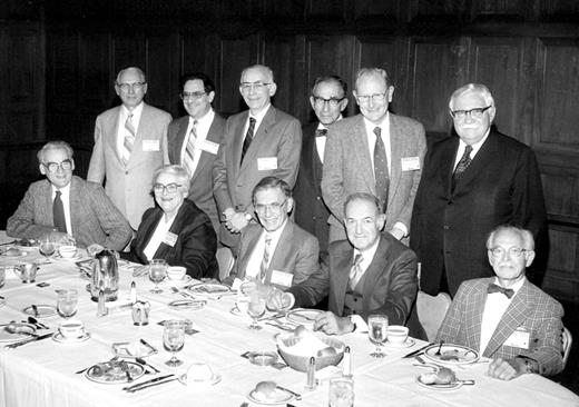 Figure 1. At the 25th annual meeting in 1983, many previous ASH leaders are shown here celebrating the society's achievements. Front row: Dr John W. Harris (1982), Dr Helen M. Ranney (1974), Dr Samuel I. Rapaport (1977), Dr Ralph O. Wallerstein (1978), Dr Maxwell M. Wintrobe (1972). Back row: Dr C. Lockard Conley (1976), Dr Ernest Beutler (1979), Dr Ernst R. Jaffé (1983), Dr George Brecher (1973), Dr Eugene P. Cronkite (1971), Dr Joseph F. Ross (1962). The photograph was taken in the Lucrezia Borgia Room of the St Francis Hotel in San Francisco.