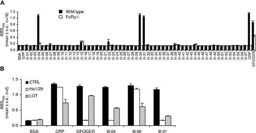 Figure 5. Adhesion of murine WT and FcRγ−/− washed platelets to Toolkit-III peptides. (A) The response is given as absorbance at 405 nm (mean ± SE: n = 10). For control platelets, adhesion was observed to the following substrates (in decreasing order of magnitude): CRP (in 10/10 experiments); III-30 (10/10); III-04 (10/10); III-31 (10/10); GFOGER (10/10); III-15 (9/10). (B) Effect of inhibitors of integrins α2β1 and αIIbβ3 on adhesion of murine platelets to Toolkit peptides III-04, III-30, and III-31. The anti-α2 antibody Ha1/29 (2 μg/mL) abolished binding to the α2β1 ligand GFOGER as well as III-04 and III-31, whereas it had no effect on either CRP or III-30. The αIIbβ3 antagonist lotrafiban (LOT: 10 μM) partially inhibited adhesion of platelets to all ligands, indicating a general role for platelet cross-linking by integrin in promoting adhesion (mean ± SE: n = 2).