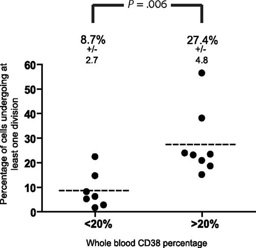 Figure 4. Whole blood %CD38 by CLL cells predicts cell division in coculture. Comparison of the capacity of CLL cells with a high (≥ 20%) and low (< 20%) %CD38 to undergo division after coculture with activated autologous T cells. Significantly more CD38hi CLL cells underwent at least one division compared with the CD38lo group. Statistical significance was determined by the unpaired t test.