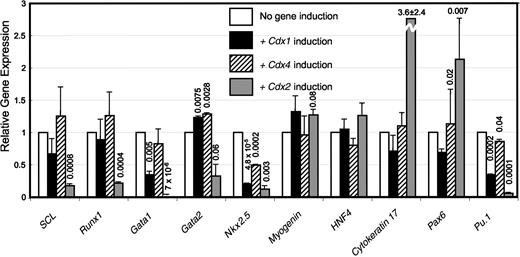 Figure 3. Cdx gene induction modulates lineage-specific gene expression in differentiating EBs. Quantitative real-time RT-PCR analysis of the effect of Cdx1, Cdx4, or Cdx2 induction on the expression of mesodermal (Scl, Runx1, Gata1, Gata2, PU.1, Nkx2.5, and Myogenin) nonmesodermal markers (Pax6, Cytokeratin 17, HNF4) in day 5 EB. Data represent averages of 2 independent biologic experiments and are presented as fold change in gene expression relative to noninduced control, after normalization to the housekeeping gene β-actin. Error bars show the standard error. P values calculated using nonpaired, 2-tailed Student t test are depicted over bars.