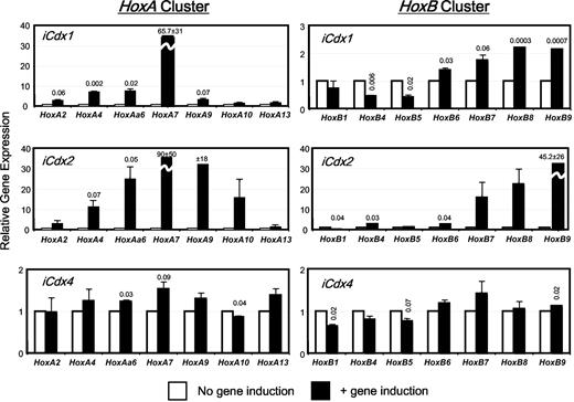 Figure 4. Cdx gene induction modulates Hox gene expression in differentiating EBs. Quantitative real-time RT-PCR analysis of the effect of ectopic Cdx1, Cdx4, and Cdx2 gene induction on Hox A and B cluster genes in day 5 EBs. The data represent the average of 2 independent experiments and are presented as fold change relative to noninduction controls. Error bars represent the standard error. P values calculated using nonpaired, 2-tailed Student t test are depicted over bars.