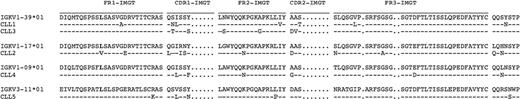 Figure 4. IGKV amino acid sequences of 5 cases with CLL cells expressing M-IGHV3-21 with HCDR3 motif1, U-IGLV3-21, and in-frame IGKV-J-KDE rearrangements. Capital letters indicate amino acid changes resulting from R mutations. Hyphens indicate homology at that position to the respective reference IGKV amino acid sequence. Listed on the left is the designation for each CLL sample.