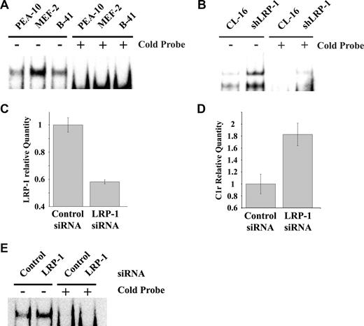Figure 3. LRP-1 inhibits NF-κB activation. (A) Nuclear extracts from PEA-10, MEF-2, and B-41 cells were analyzed by EMSA using an NF-κB–specific biotin-labeled probe, in the presence or absence of an excess concentration of the cold probe. (B) Nuclear extracts from CL-16 cells that express LRP-1 and from shLRP-1 cells, which are CL16 cells in which LRP-1 has been silenced with shRNA, were analyzed by EMSA for NF-κB activity. (C-E) RAW 264.7 cells were transiently transfected with NTC or LRP-1-specific siRNA. (C) Expression of LRP-1 was determined by qPCR 36 hours later. (D) Expression of C1r was determined 36 hours later. Error bars represent SD. (E) EMSA assay for active NF-κB using nuclear extracts from RAW 264.7 cells transfected with NTC or LRP-1-specific siRNA.