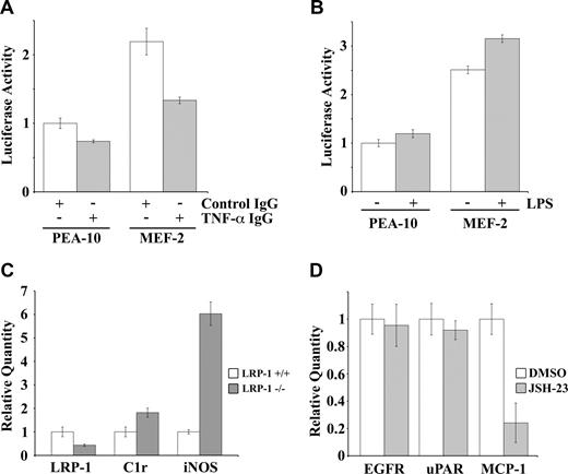 Figure 7. LRP-1 deletion in macrophages in vivo increases expression of C1r and iNOS. (A) PEA-10 and MEF-2 cells were transfected with pNF-κB-Luc to measure NF-κB activity. Cells were treated with TNF-α-neutralizing antibody or control IgG for 18 hours. Luciferase activity then was measured. (B) PEA-10 and MEF-2 cells were transfected with pNF-κB-Luc. Cells were treated with LPS (100 ng/mL) or vehicle. Luciferase activity was measured 6 hours later. (C) Macrophages were harvested from the IP space of mice in which LRP-1 was conditionally deleted in macrophages and neutrophils and from control wild-type mice in the same genetic background. RNA was isolated from peritoneal cells 3 days after thioglycolate stimulation. Expression of LRP-1, C1r, and iNOS was determined by qPCR. (D) Peritoneal macrophages were cultured for 12 hours in the presence of JSH-23 (10 μM) or vehicle. Expression of EGFr, uPAR, and MCP-1 was analyzed by qPCR. Error bars represent SD.