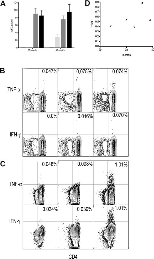 Figure 5. Immune responses in remission after imatinib after prestimulation. (A) Immune responses in prestimulated remission samples using IFN-γ ELISPOT. Remission samples from P10 stimulated with autologous leukemic cells (■, third column), with lysate from autologous leukemic cells (■), unstimulated remission samples (), and leukemic cells alone (□). Results are shown as median and range. Immune responses in prestimulated remission samples using CFC: (B) 28 months; (C) 32 months. Remission samples from P10 stimulated with autologous leukemic cells (third column), unstimulated remission samples (second column), and leukemic cells alone (first columns). (D) Tumor load from patient P10 over time (○).