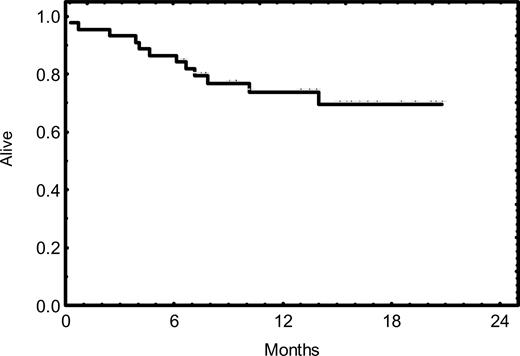 Figure 2. Kaplan-Meier survival curve. Thirty-two (73%) of 44 patients are alive with a median follow-up time of 14 months.