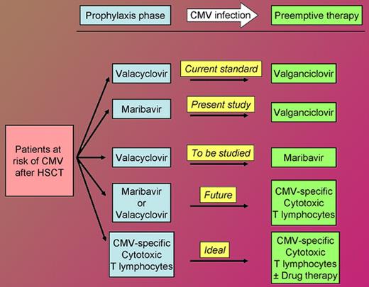 Approach to the allogeneic hematopoietic stem cell transplant recipient at risk of cytomegalovirus infection. This does not cover prophylaxis against Herpes simplex and Varicella zoster virus infections against which valacyclovir is active but maribavir is not.