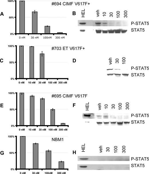 Figure 3. Lestaurtinib inhibits growth and JAK/STAT signaling in cultured erythroid precursors. Effects of lestaurtinib on proliferation (A, C, E, G) and STAT5 phosphorylation (B, D, F, H) in erythroid precursors derived from CD34+ progenitors purified from peripheral blood of MPD patients (A-F) and from a bone marrow of the healthy subject (G, H) were evaluated. Cultures were counted and replated at 5 × 105 cells/mL and then treated with increasing concentrations of lestaurtinib, as indicated, for 48 to 72 hours and cell proliferation was analyzed by XTT assay (A, C, E, G). To assess effects of lestaurtinib on JAK/STAT signaling (B, D, F, H), cultures were treated with increasing concentrations of lestaurtinib for 1 hour, and activation of STAT5 was analyzed by Western blot using phospho-specific STAT5 antibody. Blots were stripped and reprobed with a total STAT5 antibody. The status of the V617F mutation was determined in mononuclear cells by allele-specific PCR and BsaX1 restriction analysis. Stripping and reprobing of blot in H confirmed equal protein loading (data not shown). Vertical lines have been inserted to indicate a repositioned gel lane. Error bars in panels A, C, E, and G represent SE.