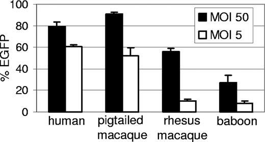 Figure 1. Relative transduction efficiency of human, pigtailed macaque, rhesus, and baboon CD34+ cells with HIV-based vectors. Cryopreserved CD34+ cells were thawed and transduced with a lentiviral EGFP vector and the percentage of EGFP-expressing cells was determined 5 days after vector exposure. The mean and standard error from 3 experiments is shown.