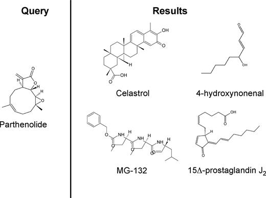 Figure 1. Chemical structures of parthenolide and compounds found through a gene expression based search of GEO. A query of GEO was performed using the gene expression signature of cells treated with parthenolide (left panel). The 4 anti–AML-SC compounds identified by the search were celastrol, 4-hydroxynonenal, 15Δ-prostaglandin J2, and MG-132 (right panel).