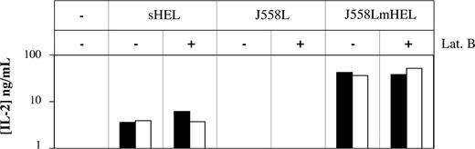 Figure 5. Antigenic material captured by B cells in the presence of enzyme inhibitors is available for subsequent processing and T-cell activation. MD4 B cells were incubated at 37°C for 1 hour with either culture medium, sHEL, J558L, or J558LmHEL target cells, and in the presence or absence of 25 μM latrunculin B. MD4 B cells were then selected magnetically (purity > 85%) before an overnight incubation at 37°C with 1H11-34 T-cell hybridoma. T-cell activation was measured by determining concentrations of IL-2 in the supernatants by ELISA. Black and white bars correspond to 2 independent experiments.