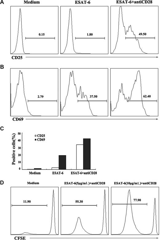 Figure 3. Activation and division of γδ T cells in response to ESAT-6. (A,B) Activation of γδ T cells induced by ESAT-6. PBMCs were cultured in the presence or absence of ESAT-6 and ESAT-6 plus anti-CD28. After stimulation for 72 hours, cells were harvested and stained for CD25 and CD69. γδ T cells were gated and analyzed for CD25 (A) and CD69 (B) expression. (C) Mean value of CD25 and CD69 expression on γδ T cells from 3 separate experiments was shown. (D) Division of γδ T cells induced by ESAT-6. Purified γδ T cells were labeled with CFSE (5μM) and cultured with or without ESAT-6 at the concentration of 5 and 10 μg/mL plus anti-CD28 for 6 days. CFSE-labeled cells were gated for FACS analysis. The percentages of divided cells in each condition were analyzed. Data are representative of 2 separate experiments with similar results.