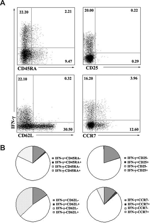 Figure 4. Memory γδ T cells produced IFN-γ in response to ESAT-6. (A) Several surface markers were included to define the phenotype of ESAT-6–specific γδ T cells. PBMCs were cultured in the presence of ESAT-6 plus anti-CD28 for 5 hours. IFN-γ–producing cells and cell-surface markers CD45RA, CD25, CD62L, and CCR7 were assessed by FACS. Numbers in quadrants indicate percentages of the cells in each population. Data are representative of 2 to 4 independent experiments. (B) The data were quantified and presented in a pie chart, in which each slice of the pie represents the fraction of the mean value of a given quadrant.